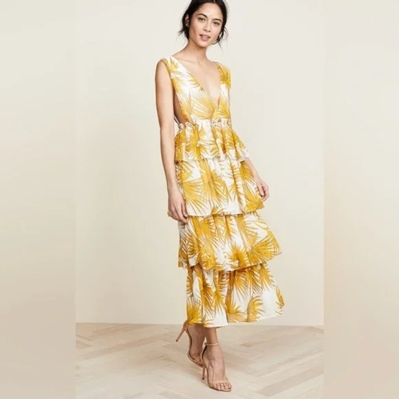 Shopbop yellow floral tiered ruffle midi dress - Picture 1 of 15